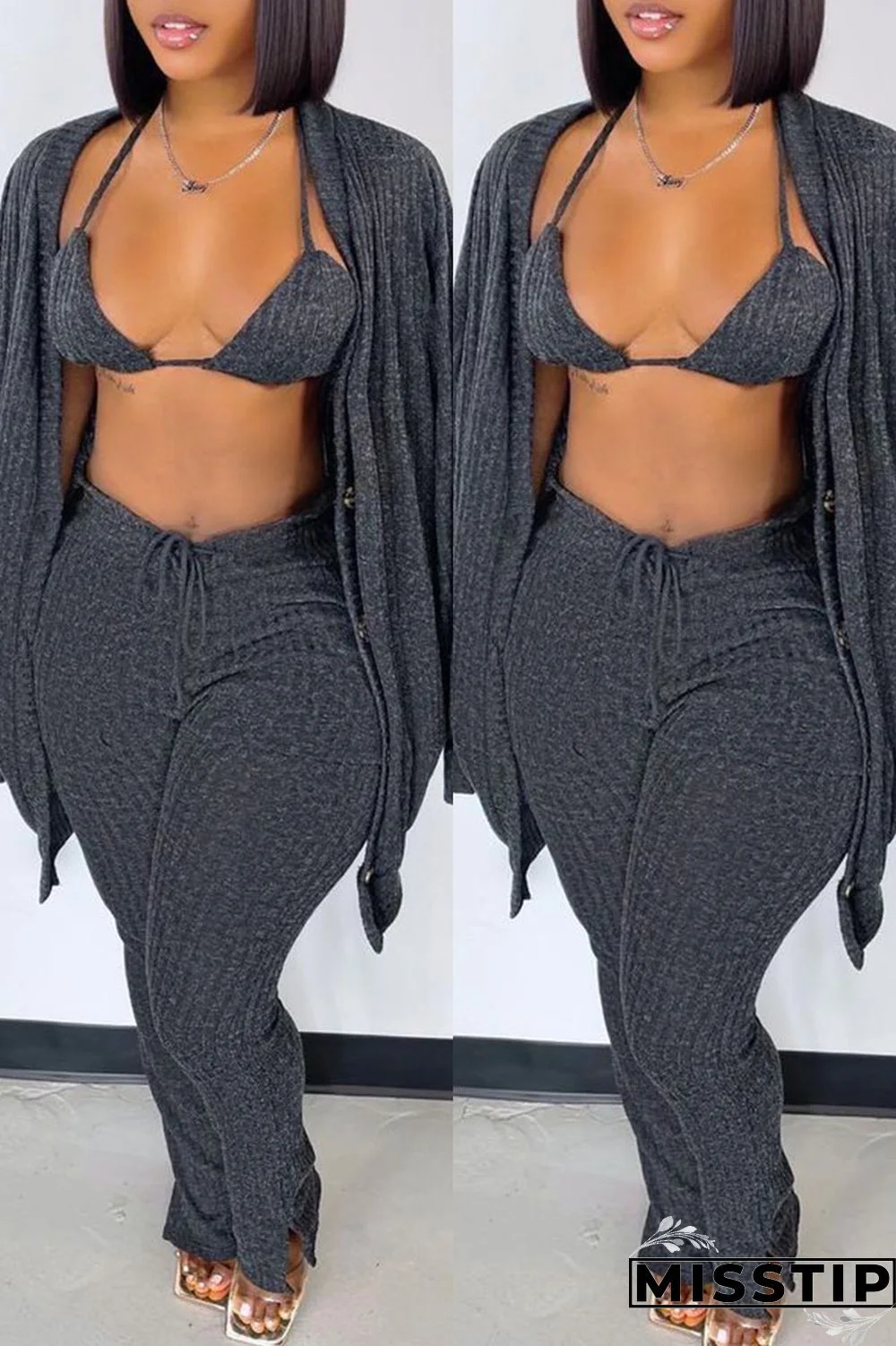 Blue Fashion Casual Solid Cardigan Vests Pants Long Sleeve Three-piece Set