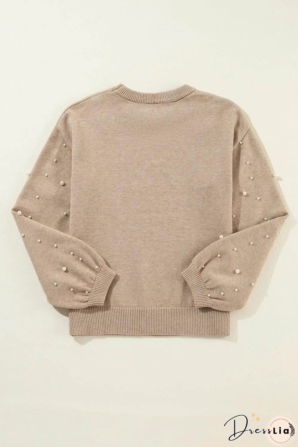 Smoke Gray Pearled Drop Shoulder Round Neck Sweater