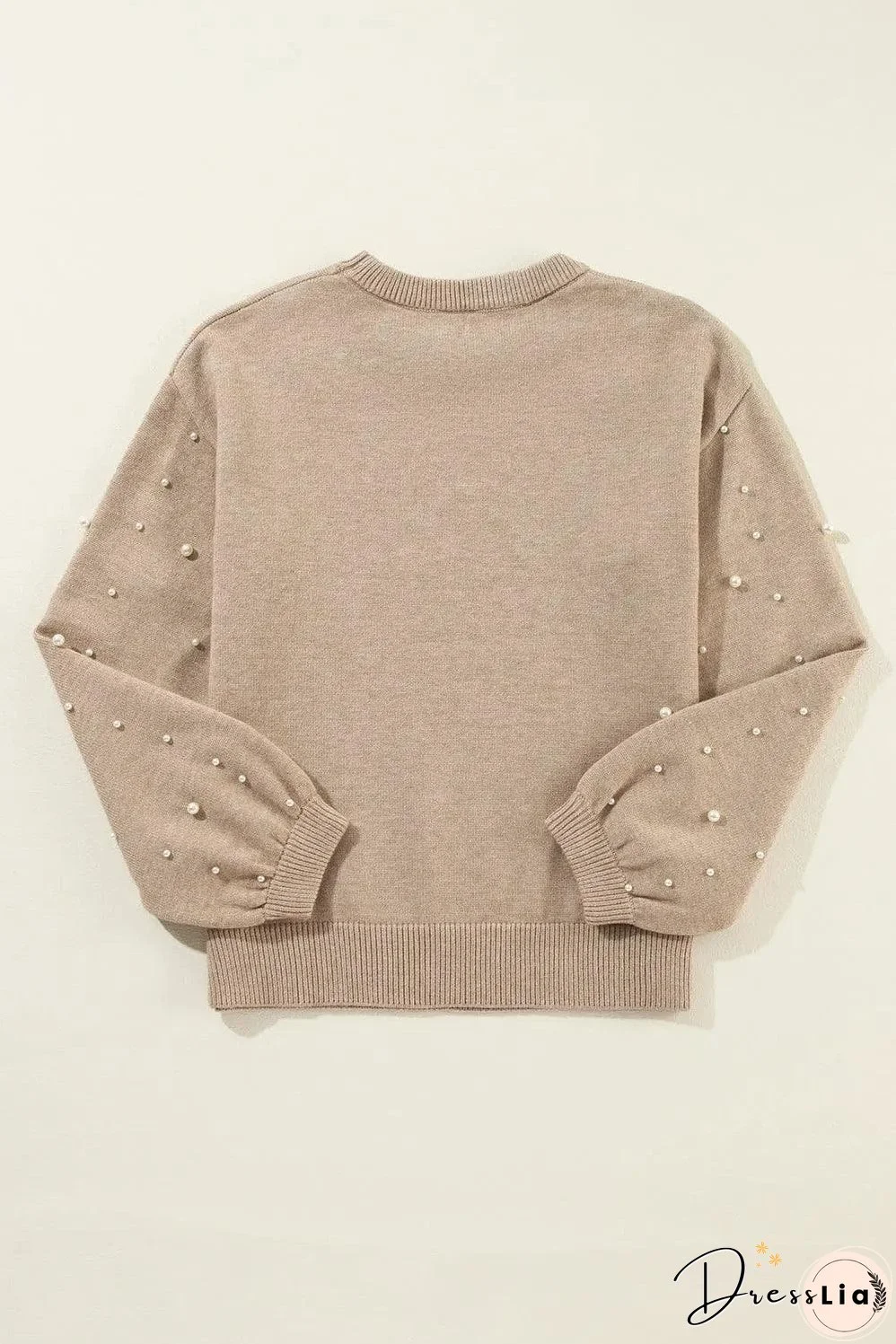 Smoke Gray Pearled Drop Shoulder Round Neck Sweater