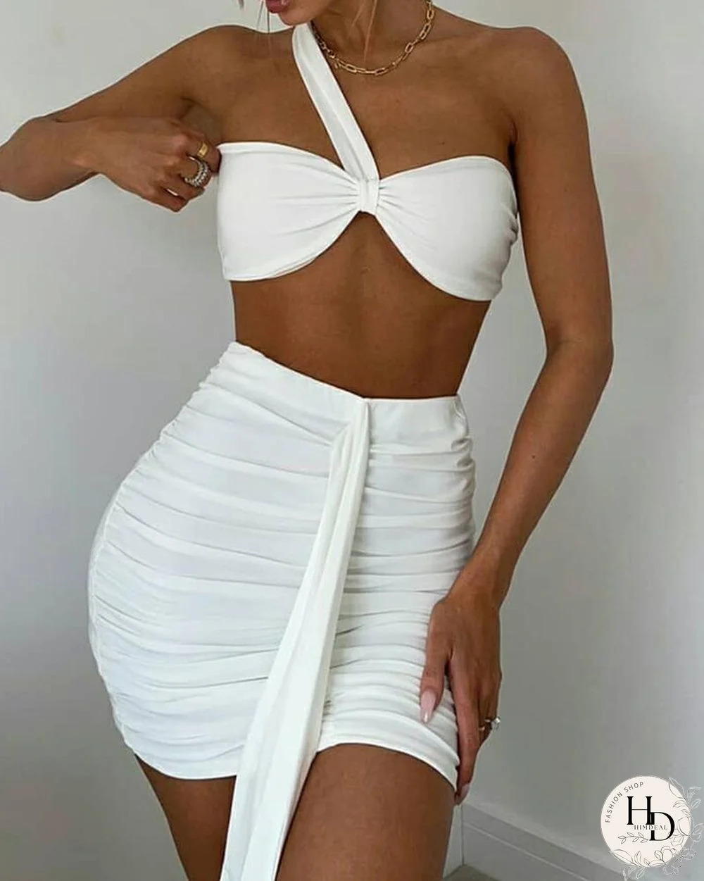 One Shoulder Crop Top & Ruched Skirt Set