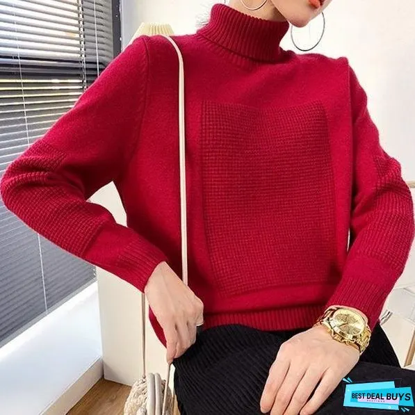 Turtleneck Collar Long Sleeve Pullover Elegant Match All Solid Color Top