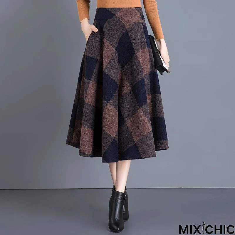 Brown Plaid Printed Ruched A-line Vintage Casual Skirt