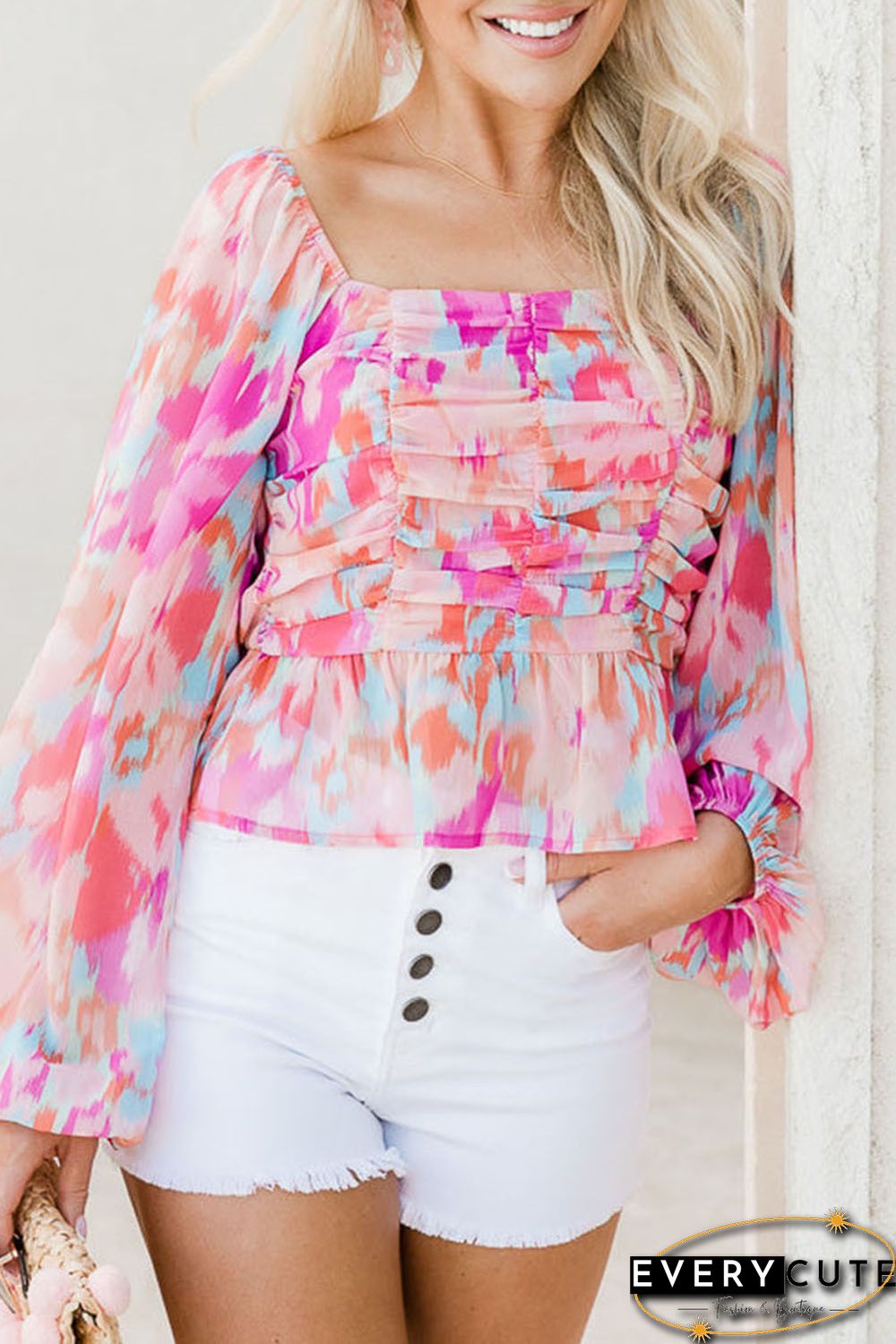 Pink Watercolor Abstract Print Pleated Long Sleeve Blouse