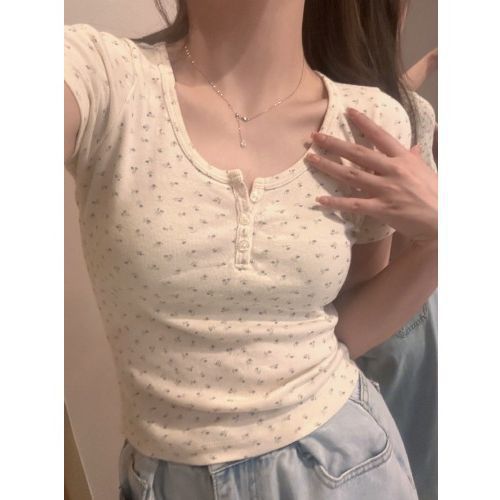 Threefruit costumes for women sexy Sexy U Collar Small Floral Print Lace Slim T-shirts Summer Women Short Sleeve Button Tee Tops