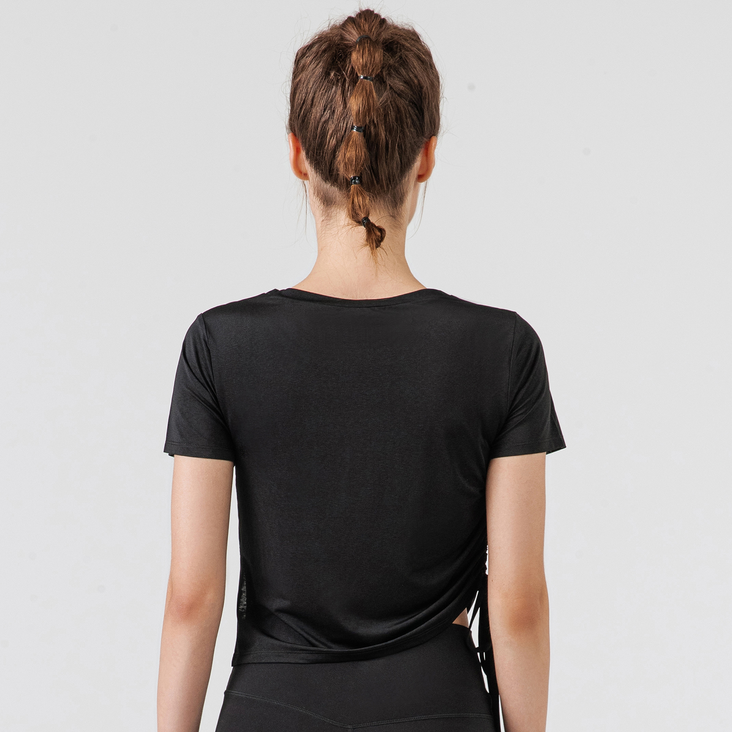 Hergymclothing Black soft lightweight side scrunch ruched drawstring asymmetrical design loose cool cropped top sports gym t shirts for sale