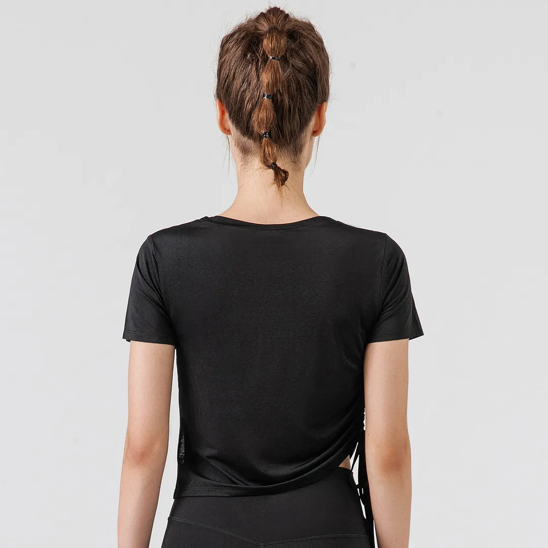 Hergymclothing Black soft lightweight side scrunch ruched drawstring asymmetrical design loose cool cropped top sports gym t shirts for sale