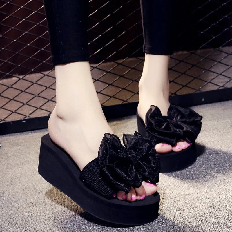 7cmHigh Heel Women's High-heeled Slippers Women's Summer Wild Bow Slippers Women's Beach Slippers Casual Beach Shoes Flip Flops