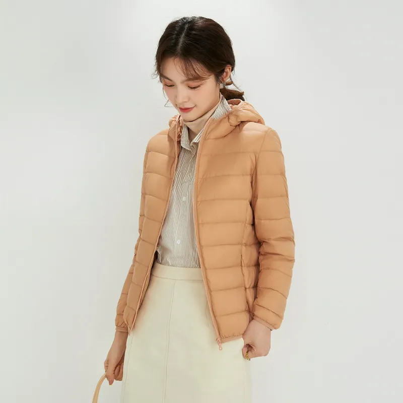 Uveng 2024 New Down Jacket Female Light Short Hooded Korean Version Large Size Slim Warm White Duck Down Pure Color Coat Tide