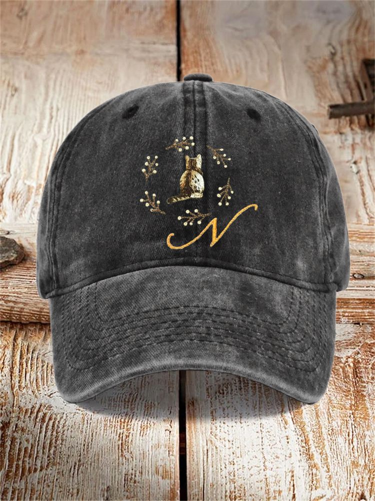 Comstylish Cat & Monogram Print Embroidery Washed Hat