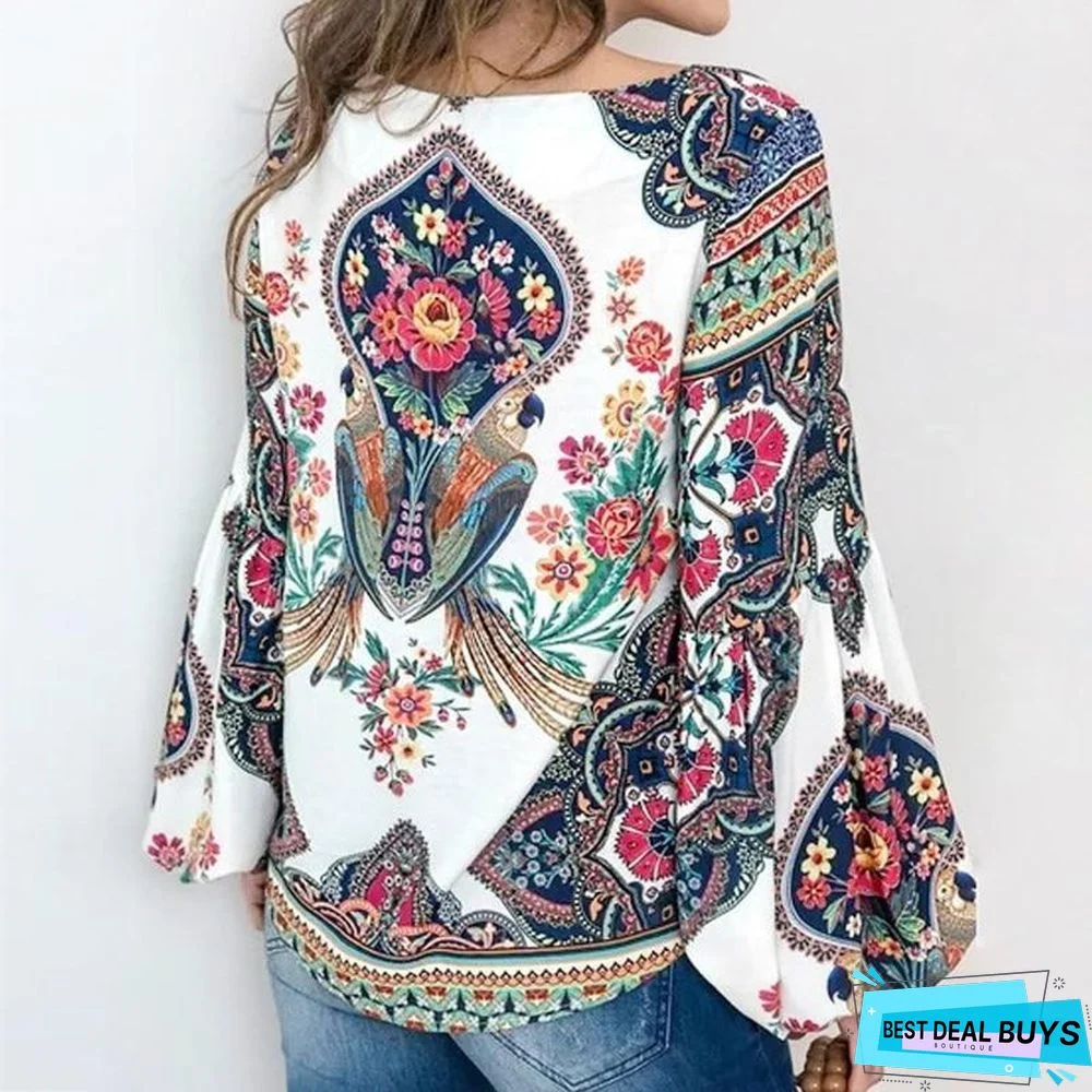 Boho Floral Print Lantern Sleeve Shirt Sexy Lace-Up Tassel O Neck Women Tops Blouse