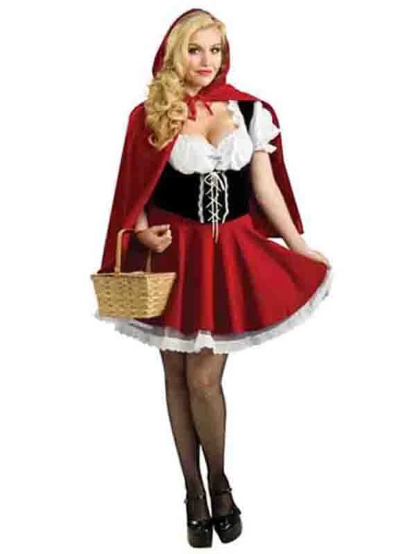 Women Ruffle Trim Little Red Ridding Hood Costume With Cape-elleschic