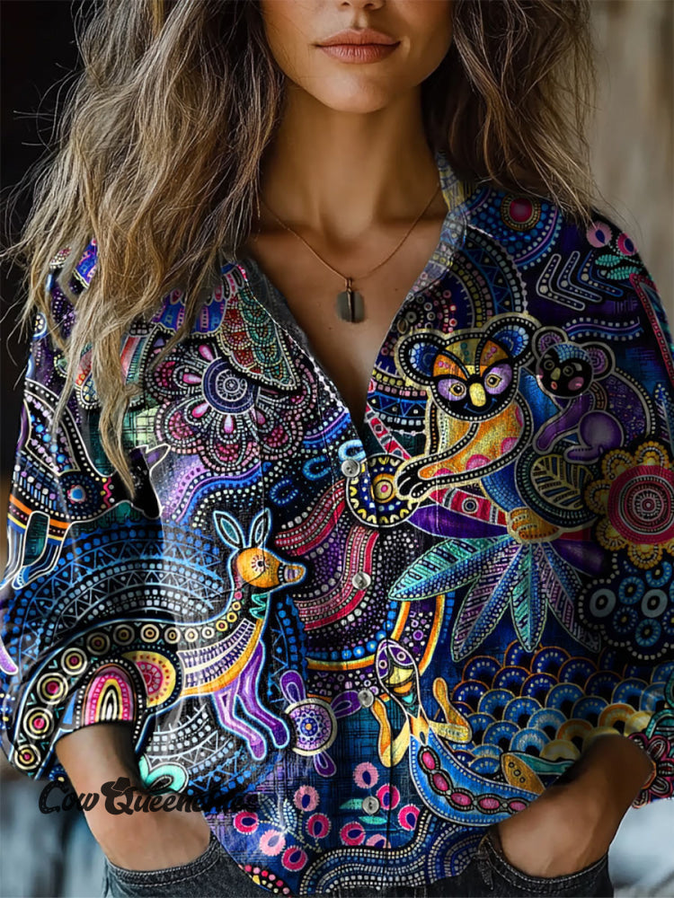 Women’s Australian Animal Aboriginal Art Print Comfort Shirt Blue / S