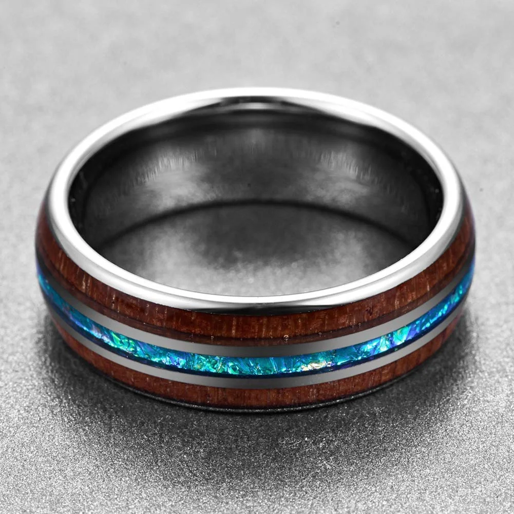 6MM 8MM Tungsten Hawaiian Koa Wood Abalone Shell Imitated Opal Inlay Tungsten Carbide Wedding Bands for Womens Men Comfort Fit