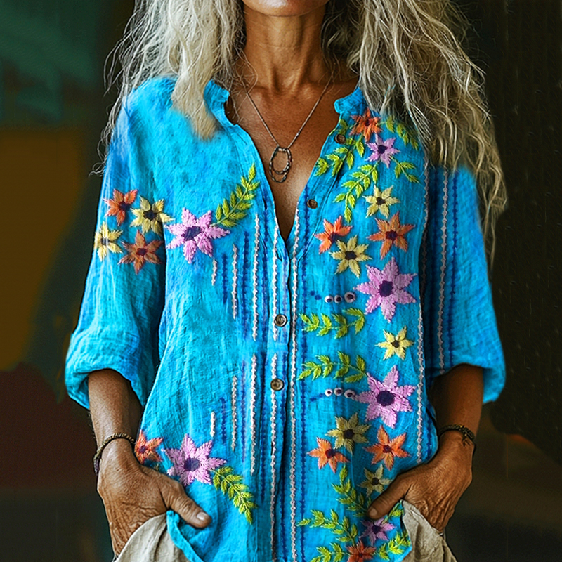 Comstylish Women's Ethnic Floral Print Casual Cotton And Linen Shirt