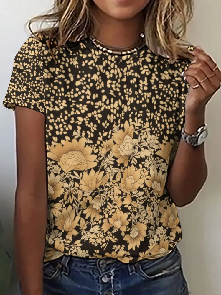 Printed Short Sleeve Casual T-shirt for  Women and Men Unisex Pattern Beige, Black, Floral