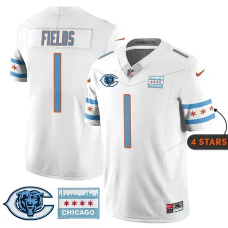 Men's Chicago Bears #1 Justin Fields White City Edition With Chicago Flag Vapor F.U.S.E. Untouchable Limited Jersey