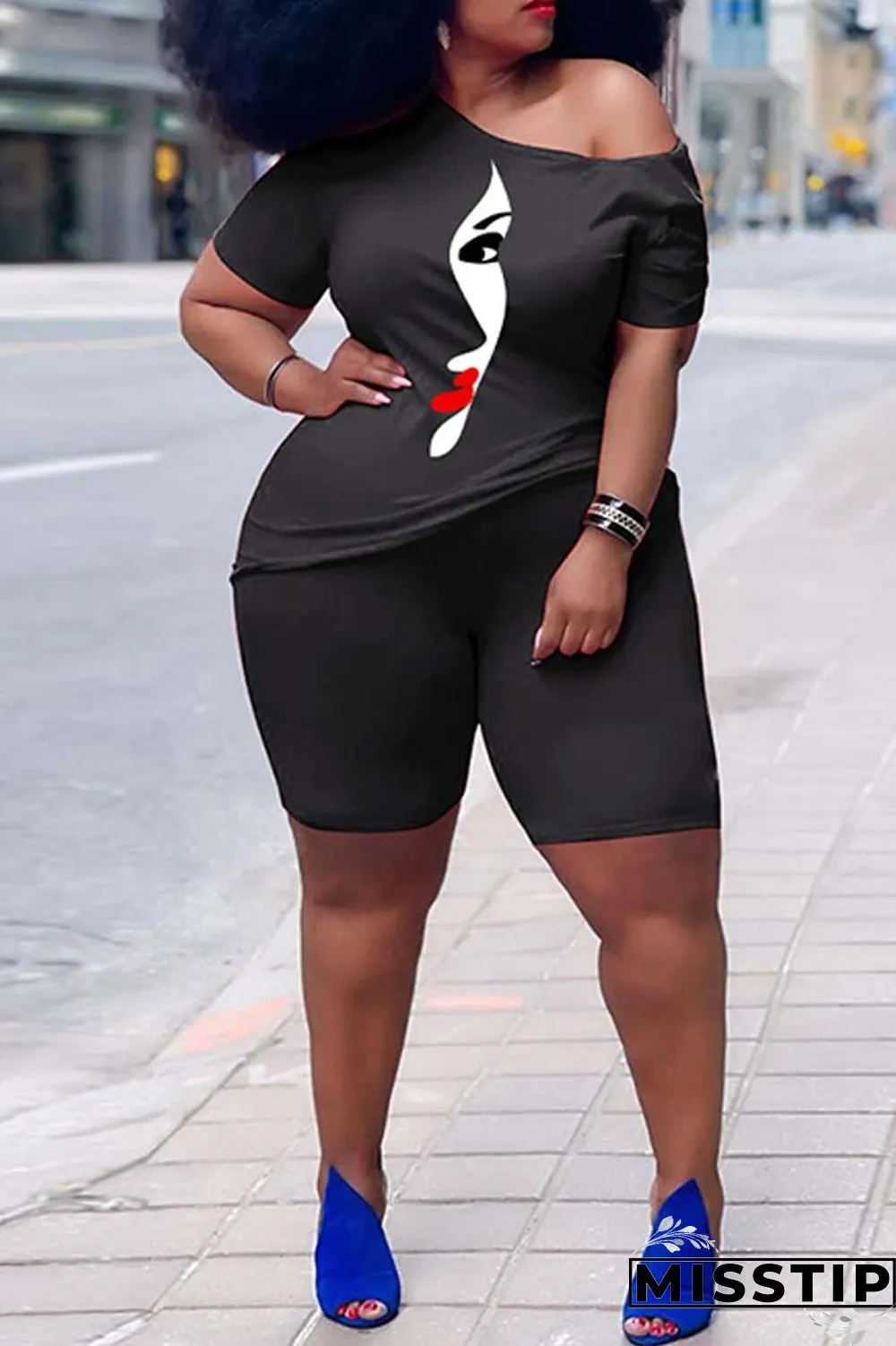 Orange Casual Print Basic Oblique Collar Plus Size Two Pieces
