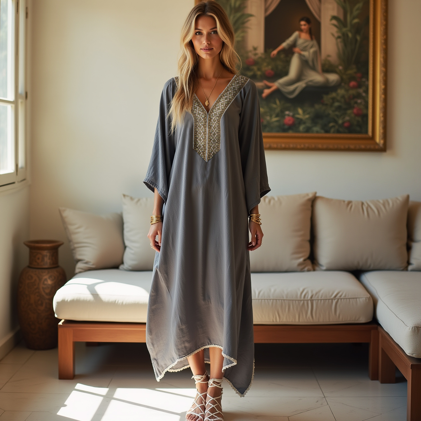 Women's Elegant Loose Embroidery Decoration Long Sleeve Long Dress