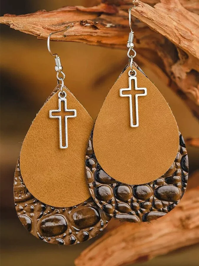 Women's retro double drop-shaped cross imitation crocodile leather earrings