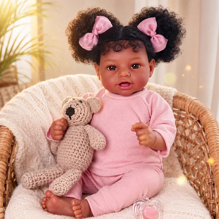 Babeside Vead 20" African American Vinyl Baby Girl Doll in Pink Bow Outfit &ndash; Lifelike Reborn Baby Gift