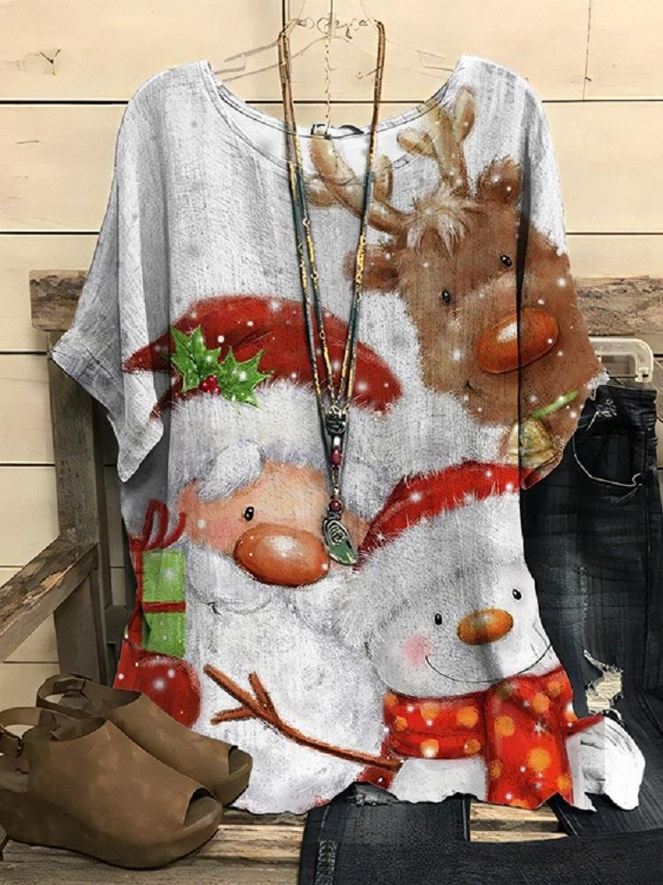 White Christmas Theme Santa Claus Snowman Printed Round Neck Short Sleeve T-Shirt