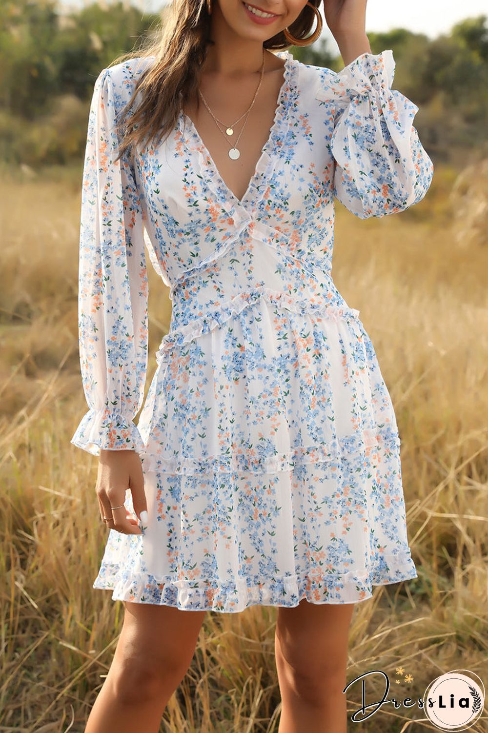 Ditsy Floral Prints Ruffle Edge Tiered Long Sleeve Boho Dress