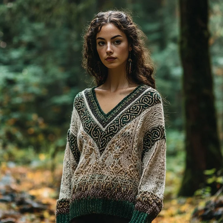 Vintage Gradient Celtic Knot V-neck Knitted Jacquard Irish Aran Sweater