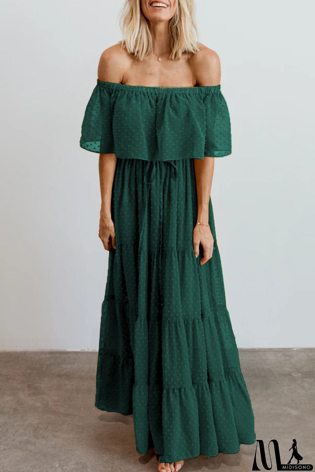 MidiSono - Rust Red Off Shoulder Ruffle Swiss Dot Maxi Dress