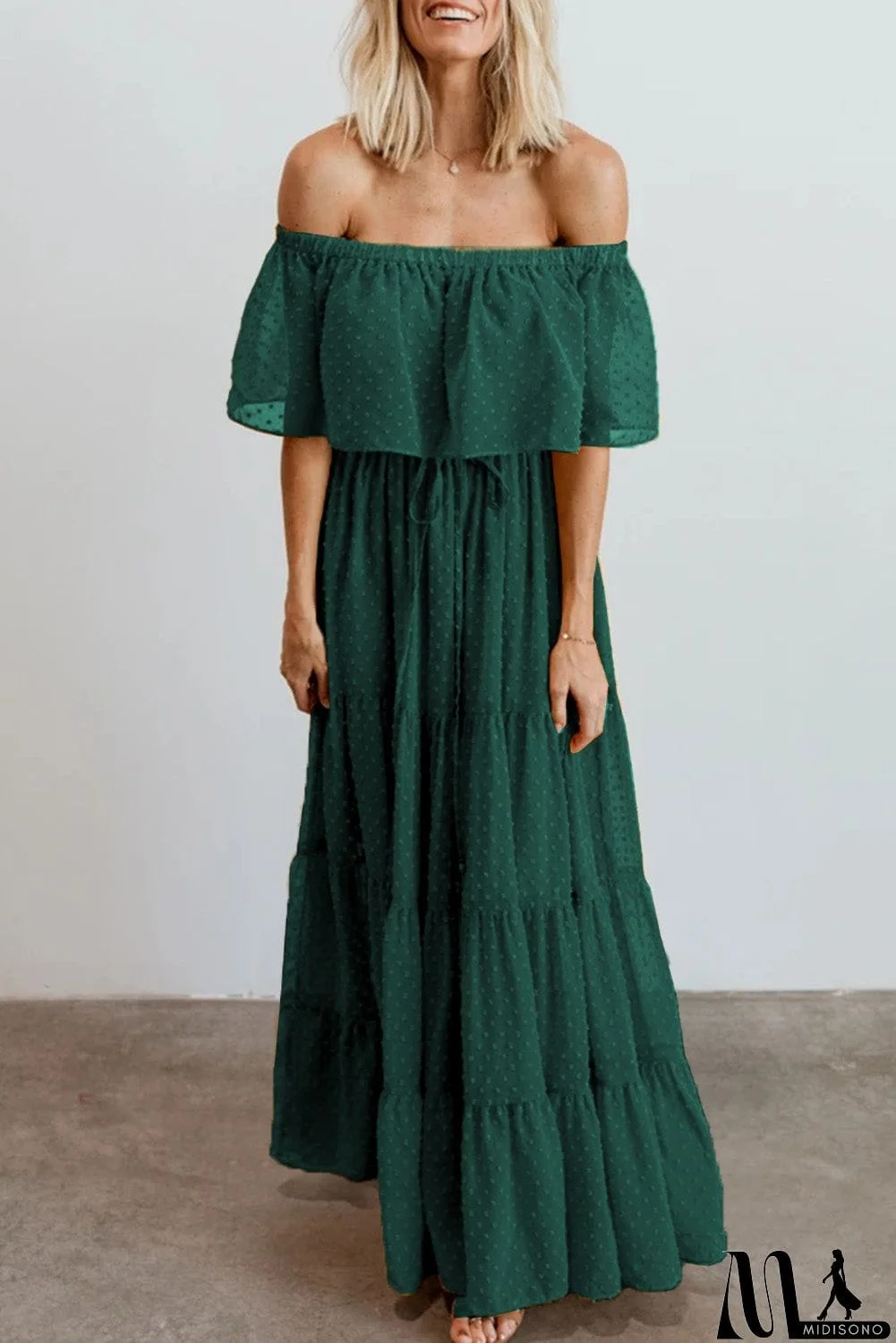 MidiSono - Rust Red Off Shoulder Ruffle Swiss Dot Maxi Dress