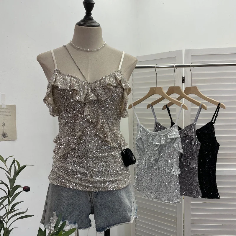 Uveng Solid Shot Of The Leek Wood Ear Design Feeling With A Bullet Elastic Sling Sling Vest T-Shirted Babes Sleeveless Top Lady 9069