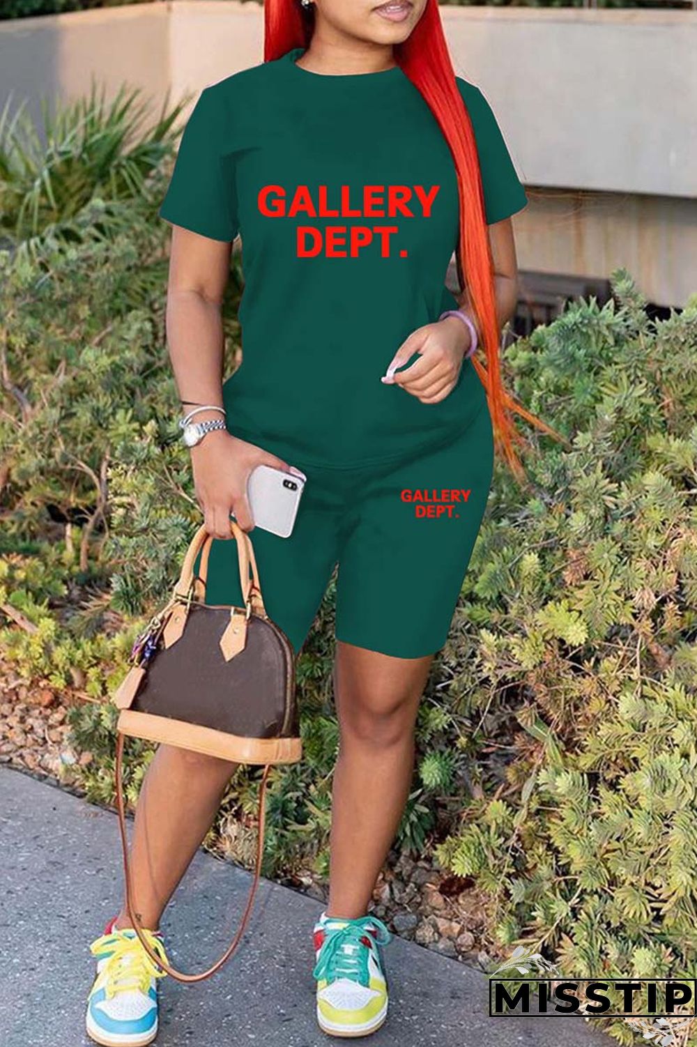 Green Casual Letter Print Basic O Neck Short Sleeve Two Pieces