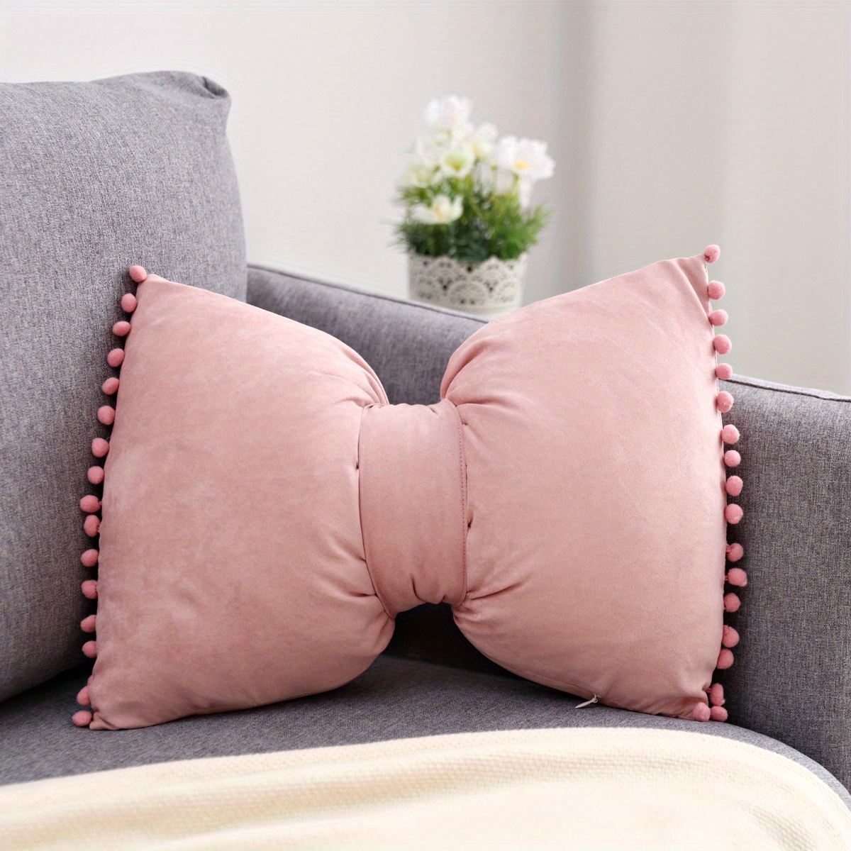1pc Luxurious Faux Suede Fuzzy Pom Pom Bow Throw Pillow Cover - Soft, Removable, and Machine Washable Design - Perfect for Elevating Bedroom, Sofa, and Living Room Decor with Vibrant Colors and Textures - 12x20 Inches