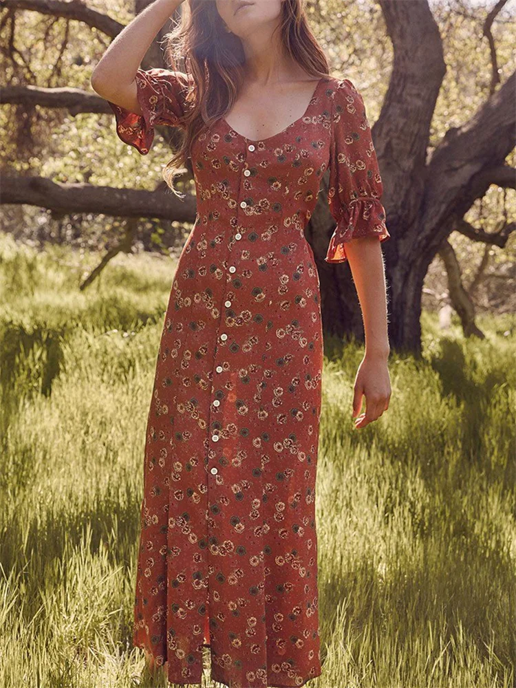 Vintage Floral Puff Sleeve Buttonthrough Maxi Dress