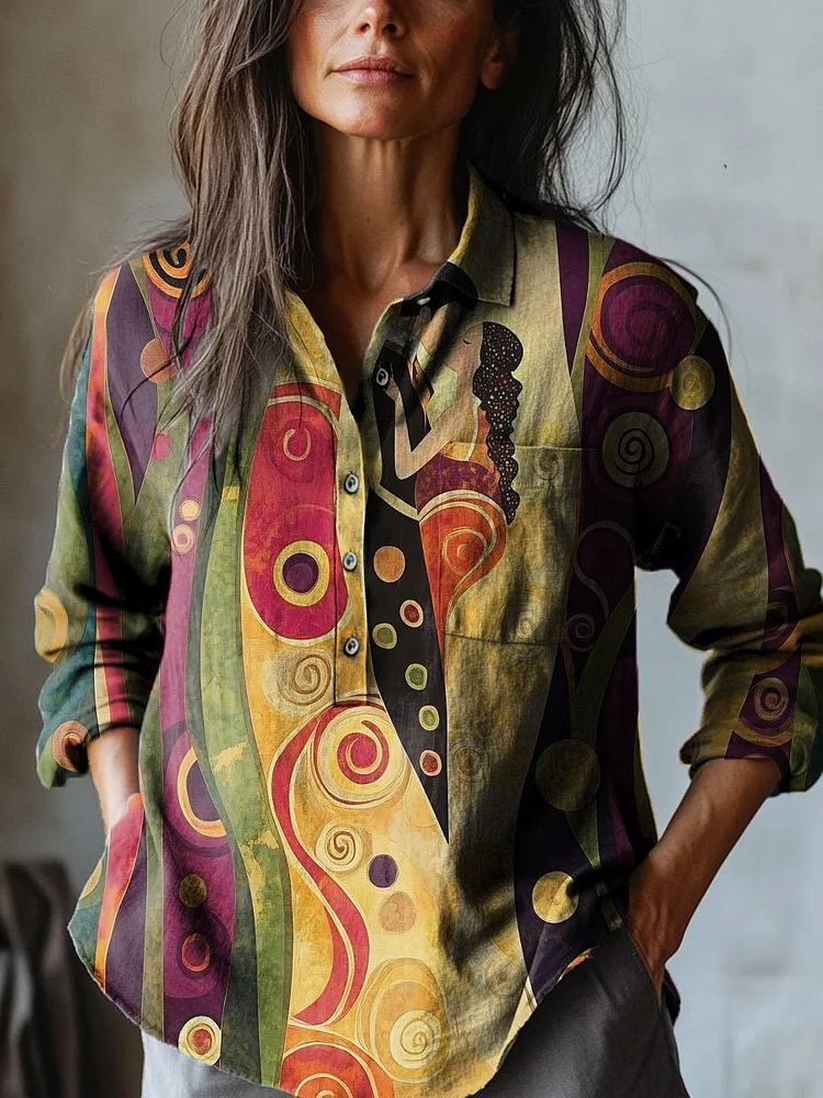 Women's Abstract Black Art Print Casual Cotton And Linen Shirt