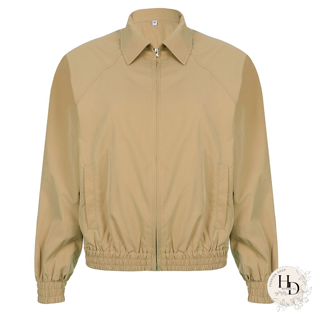 Khaki Jacket Women Grunge Aesthetic Turn Down Collar Long Sleeve Tops Vintage Zipper Coat
