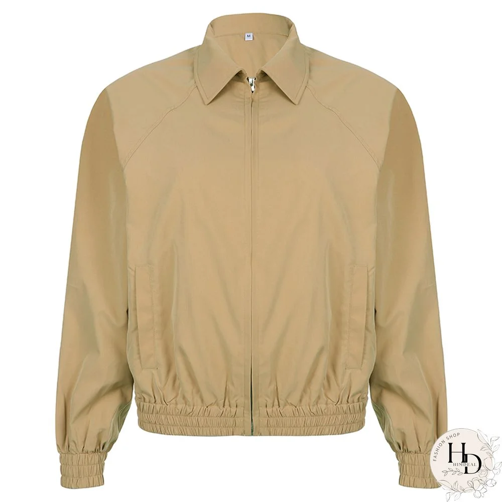 Khaki Jacket Women Grunge Aesthetic Turn Down Collar Long Sleeve Tops Vintage Zipper Coat Clothes Streetwear
