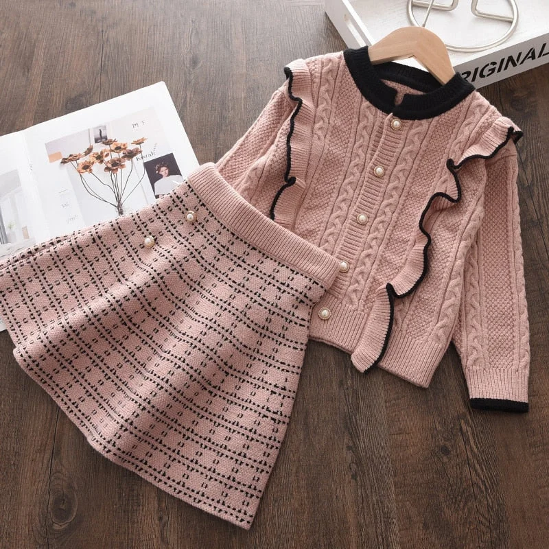 Bear Leader Baby Girls Sweater Clothing Outfit 2022 Newest Winter Knitted Ruffles Solid Color Casual Top Suspender Skirt