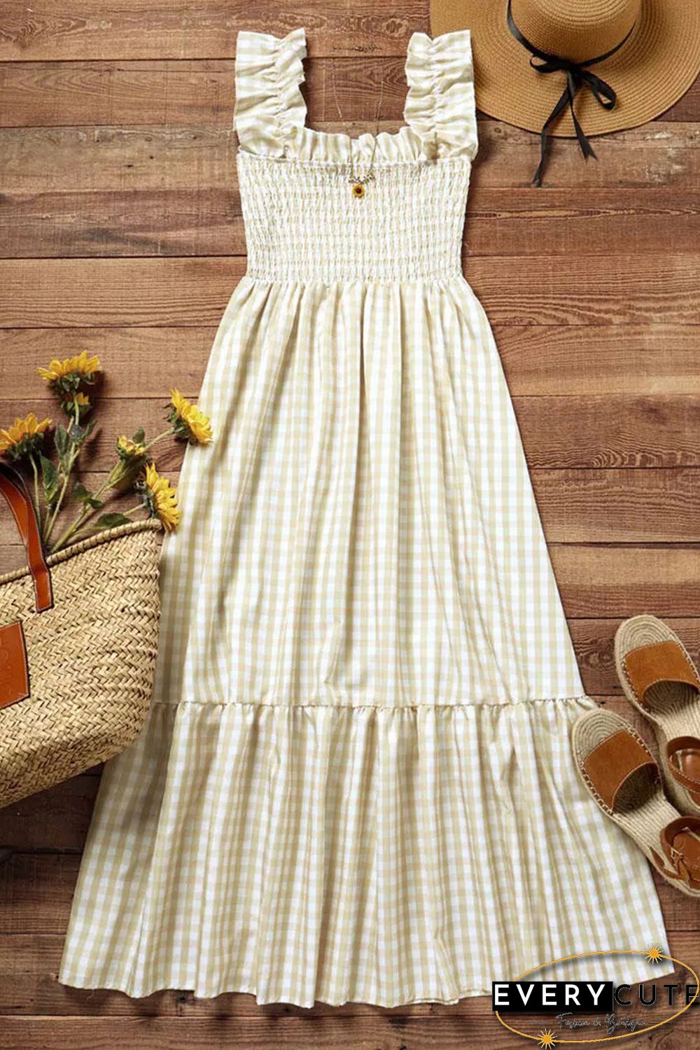 Khaki Plaid Ruffled Sleeve Smocked Maxi Dress