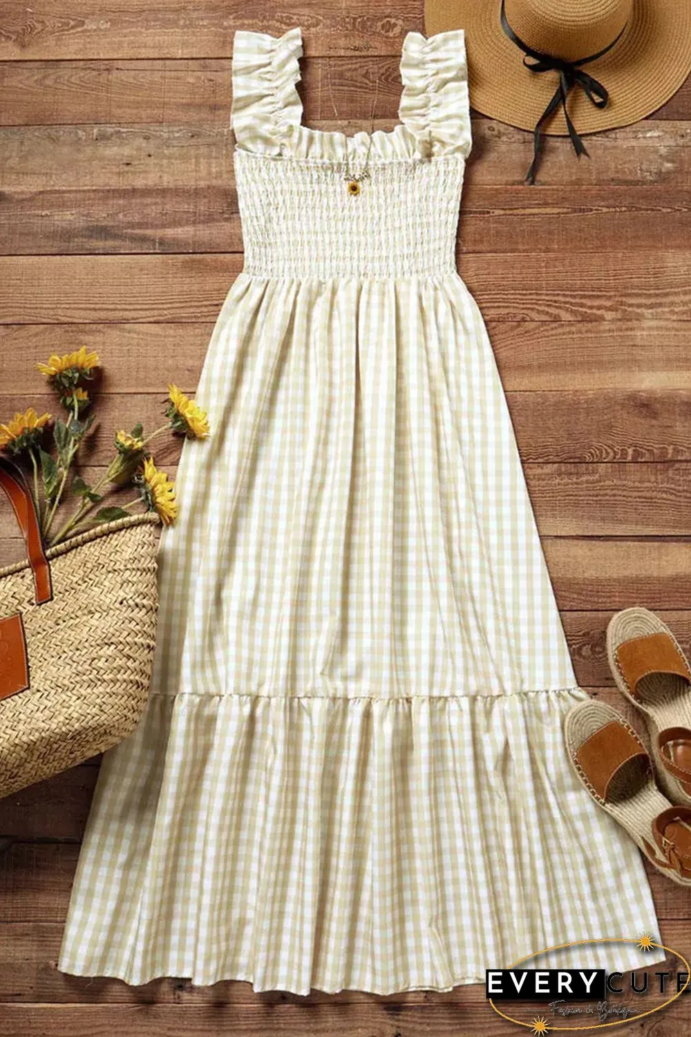 Khaki Plaid Ruffled Sleeve Smocked Maxi Dress