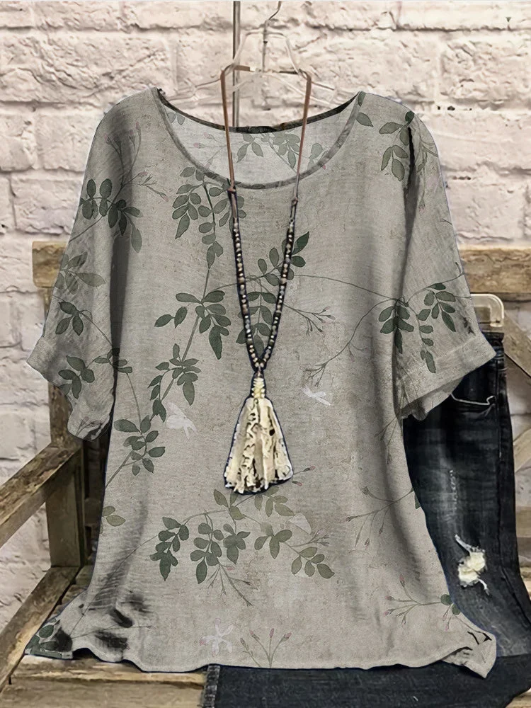 Women Half Sleeve Scoop Neck Floral Printed Colorblock Gray Women Tops