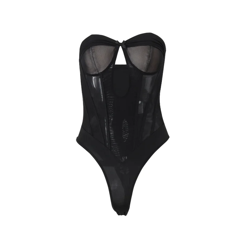 Brownm Brownm Women's Fall 2024 New Sexy Hot Girl Wrapped Chest Mesh Perspective Short Tight Waist Jumpsuit