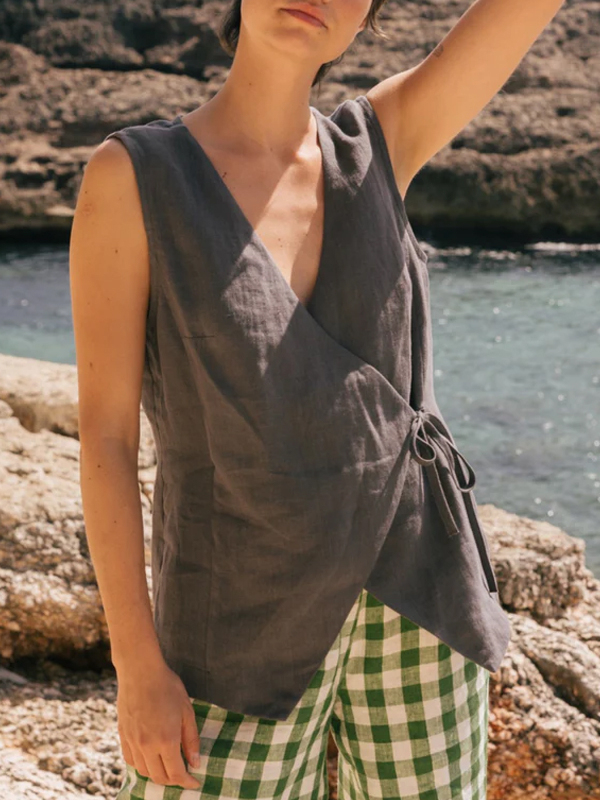 Cotton and Linen Solid Color Lace-up Vest hjn Shicloths
