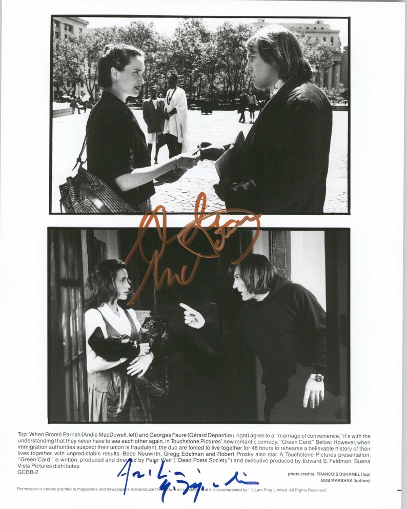 Gerard Depardieu & Andie MacDowell Signed Autographed Marriage of Convenience