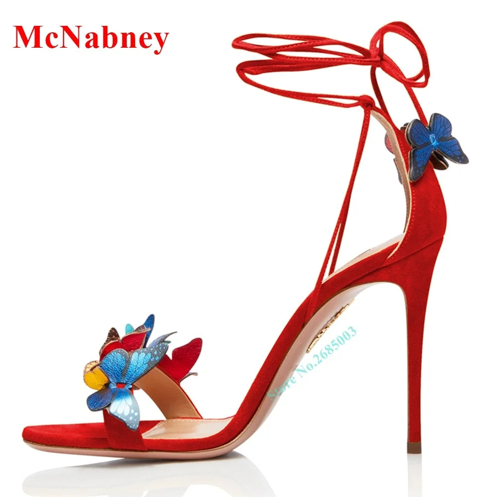 Butterfly Flower Straps Lace Up Sandals Open Toe Mixed Colors Thin High Heel Sandals Ankle Shallow Women Party Dress Shoe Summer