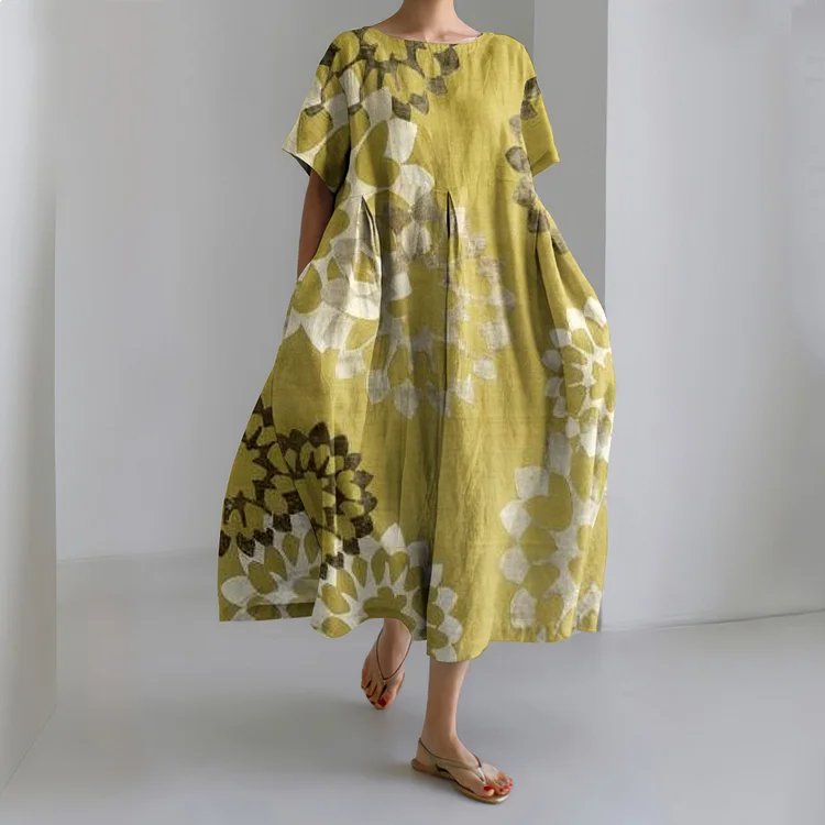 Japanese Art Print Round Neck Loose Midi Dress
