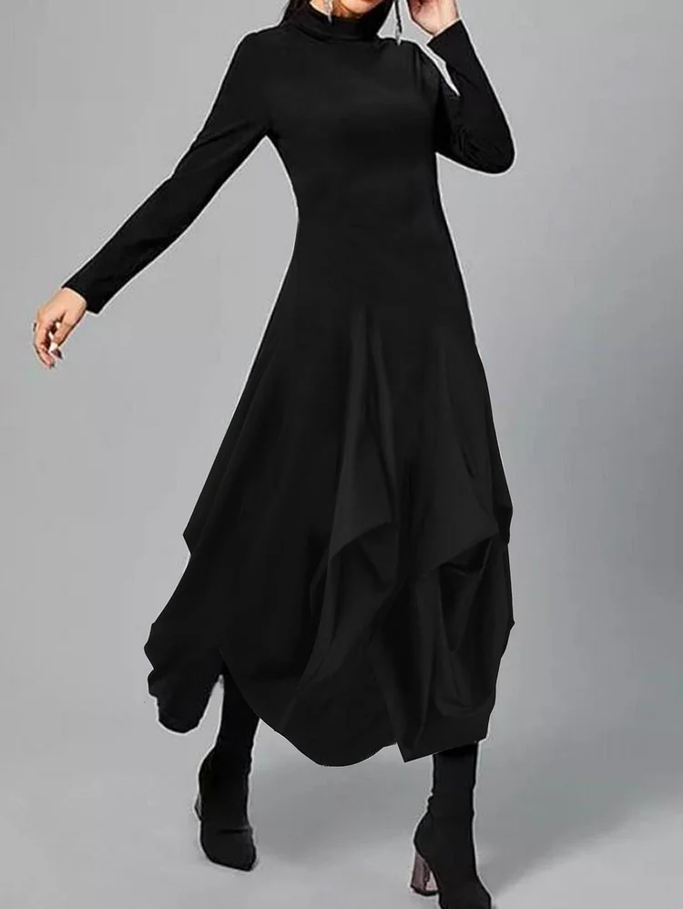 Ursime Plain Turtleneck Long Sleeve Asymmetrical Midi Dress