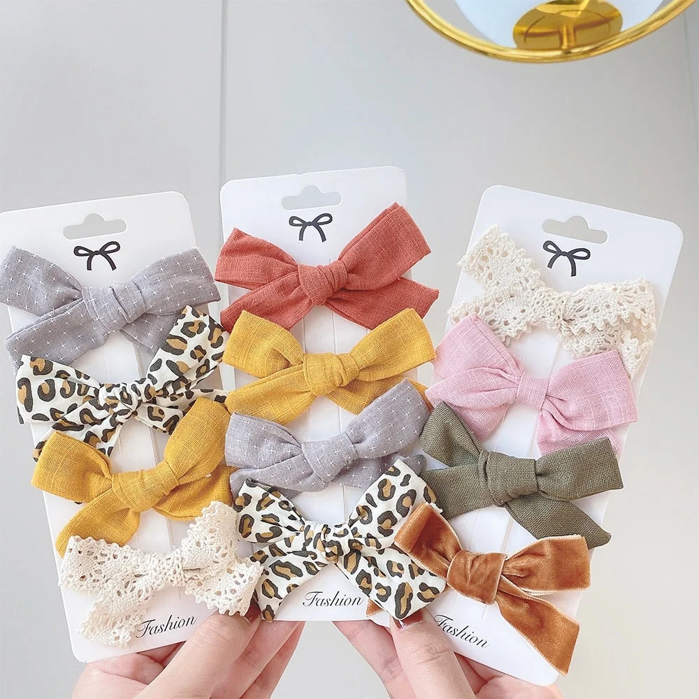 4Pcs/Set New Leopard Printed Bowknot Hairpins For Cute Girls Handmade Safety Hair Clips Boutique Barrettes Kids Hair Accessories