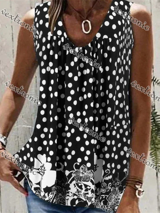 Women Sleeveless V-neck Floral Printed Polka Dot Top