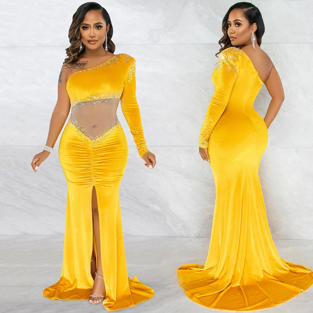 Churchf Churchf Royal Velvet Hot Diamond Mesh See-Through Pleated Collar One-Shoulder Slit Dress