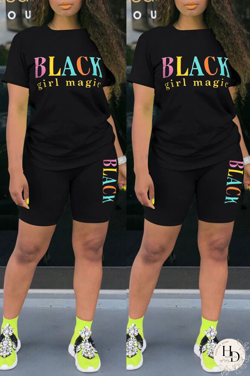 Black Fashion Casual Letter Print Basic O Neck Short Sleeve Two Pieces